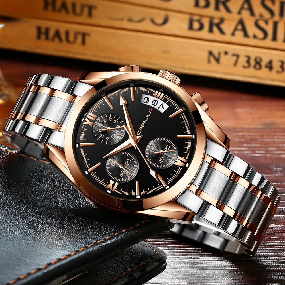 CRRJU часы для мужчин розовое золото и черный мужские Reloj Hombre водонепроницаемые