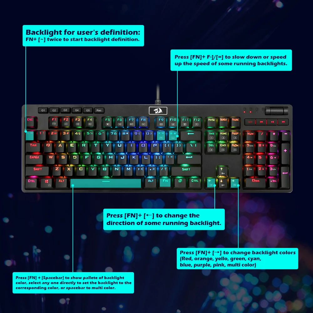  Redragon K579 RGB USB Mechanical Gaming Keyboard Blue Switch Led Backlit 104 Key Anti-Ghosting Wire