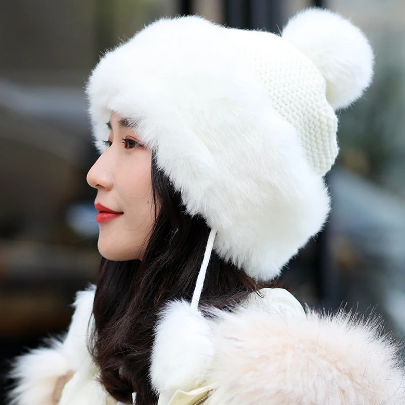 White Fur HT2854 меховая шапка, Толстая теплая вязаная зимняя шапка, женская Лыжная Шапка-ушанка, Женская Русская Шапка-ушанка, шапка охотника, русские шапки - Цвет: White Fur