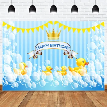 

Photography Cartoon Yellow Duck Backdrop Happy Birthday Background for Children Gold Crown Stripes Blue Baby Shower Photocall