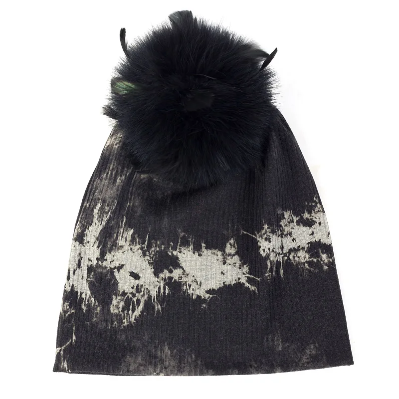 black gray black Charm Wood, стиль, унисекс, Tie Dye Beanie, шапка для женщин и мужчин, шапка с черепом, зима-осень, теплые ребристые шапки с меховым помпоном страуса - Цвет: black gray black