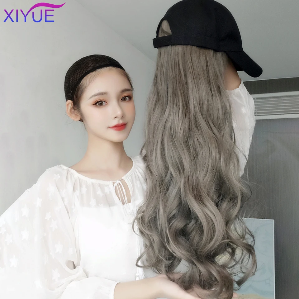 Girls Long Straight Synthetic Baseball Cap Wigs Hair  Brown Wavy Wig Extensions Naturally Connect Pieces Hat Wig Adjustable Size