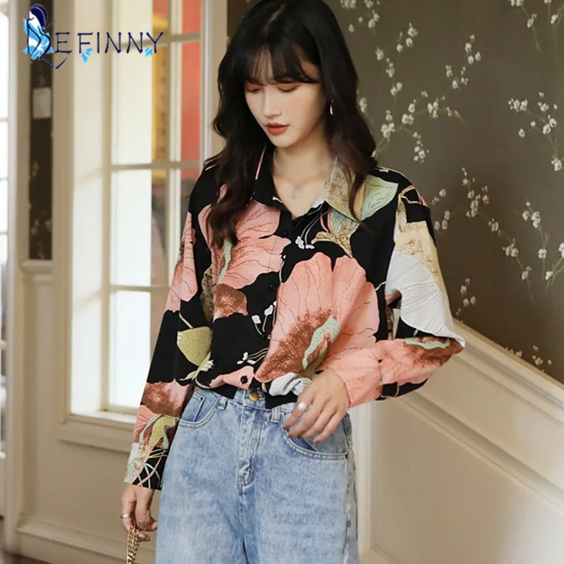 Woman Floral Print Loose Shirt Retro Long Sleeve Chiffon Blouse Streetwear Female Turn-down Collar Shirts 2