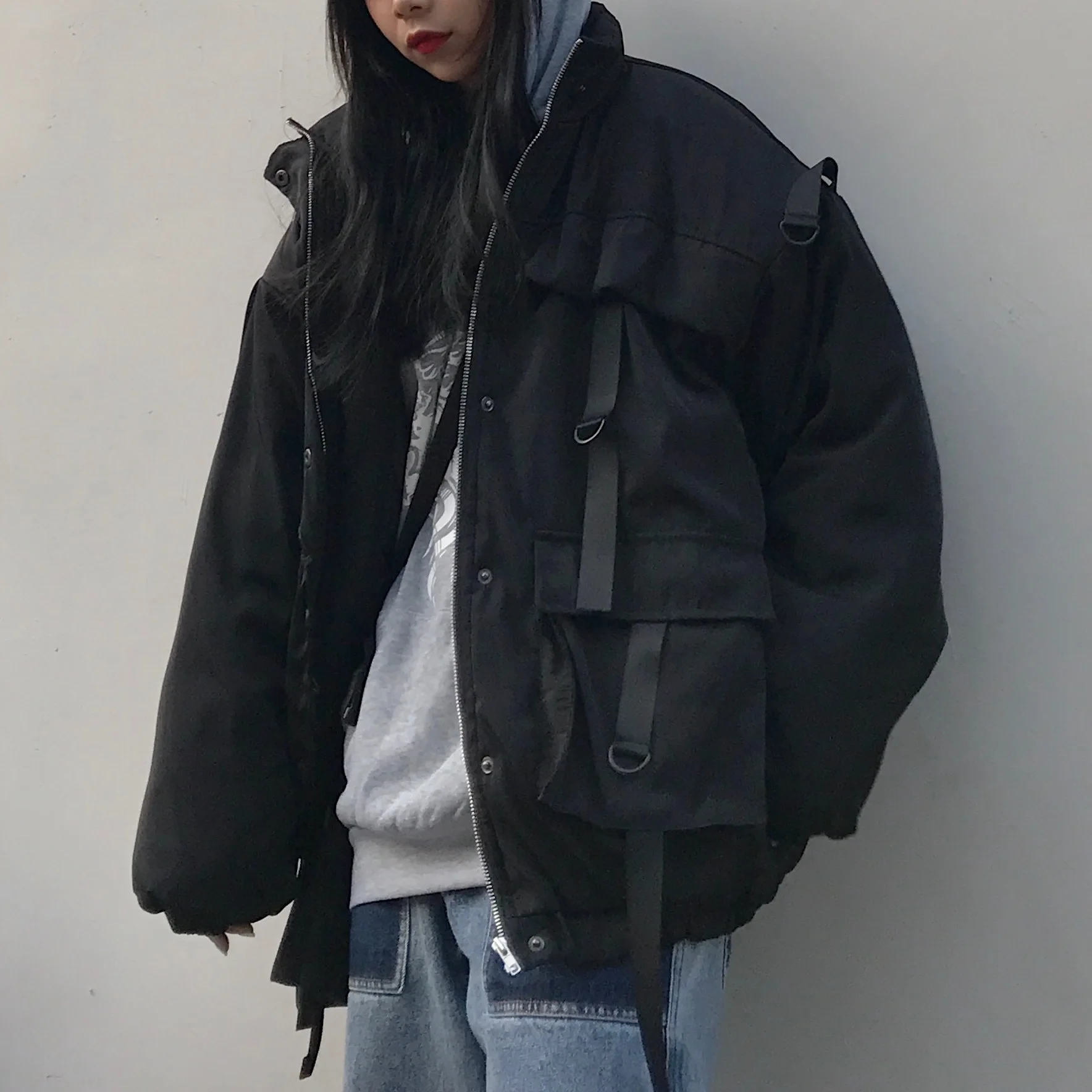 black Techwear Харадзюку свободный с длинным рукавом карман негабаритных черный на молнии куртка женская - Цвет: black