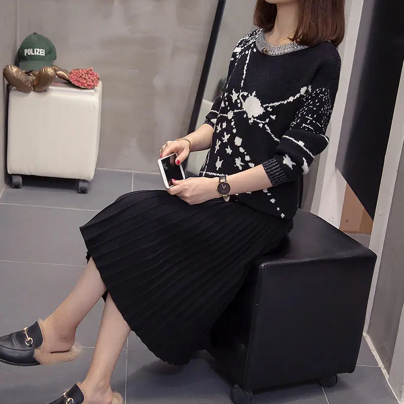 Large Size Women Sweater Set Fashion O-neck Print Knitted Pullover And Casual Skirt Two Piece Female Clothing 4XL Jupe f2930 | Женская