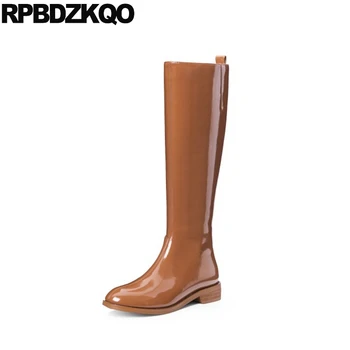 

2019 big size patent leather long women fur orange 10 side zip boots riding winter tall luxury female equestrian shoes knee high
