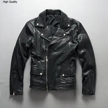 

fashion biker jacket slim fit black pocket mortorcycle style genuine leather jacket men sheepskin real leather coat