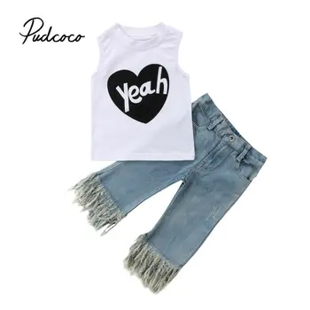

pudcoco 2019 Children Clothing Suits For Girls Clothes Kids Toddler Enfant Fille Infantis Outfits Yeah Tank Tops+Tassel Jeans