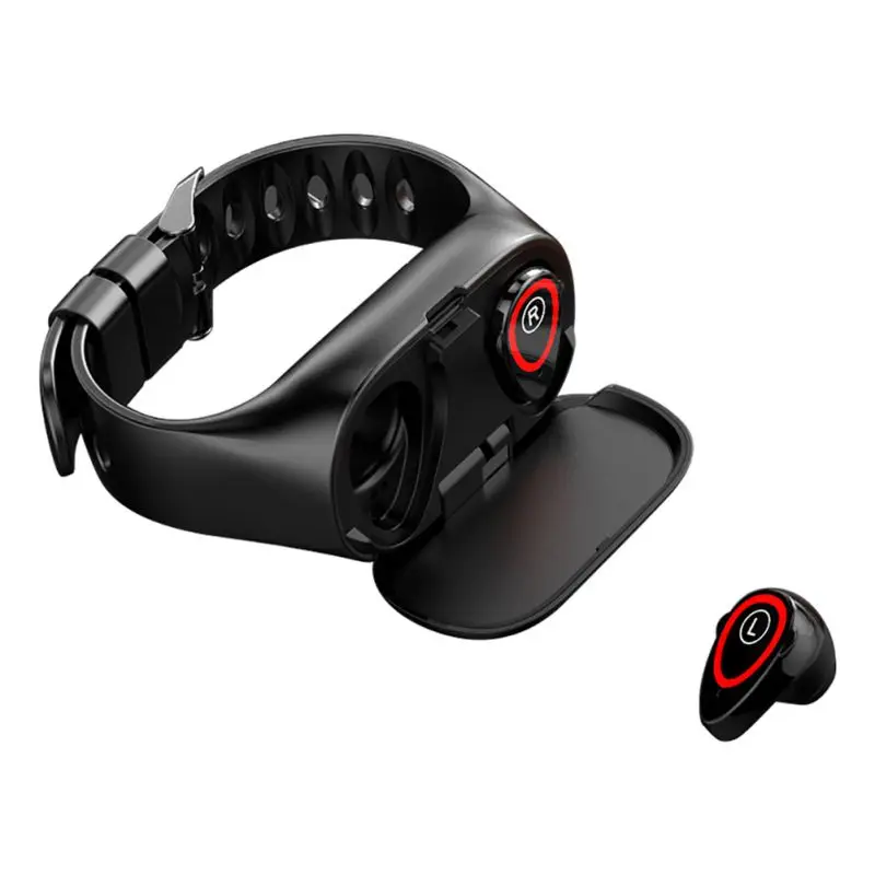 AMS-M1 Dual Bluetooth 4.2 Headset Smart Bracelet Heart Rate Blood Pressure Tracker Smart Watch for Ios Android Mobile Phone