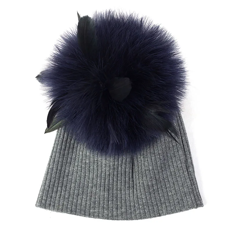 dark gray navy Geebro/Новое поступление; детская шапка в рубчик с галстуком-красителем; Модный прочный мягкий хлопок; шапка для девочки; 15 см; страусиное меховое шапки с помпонами - Цвет: dark gray navy