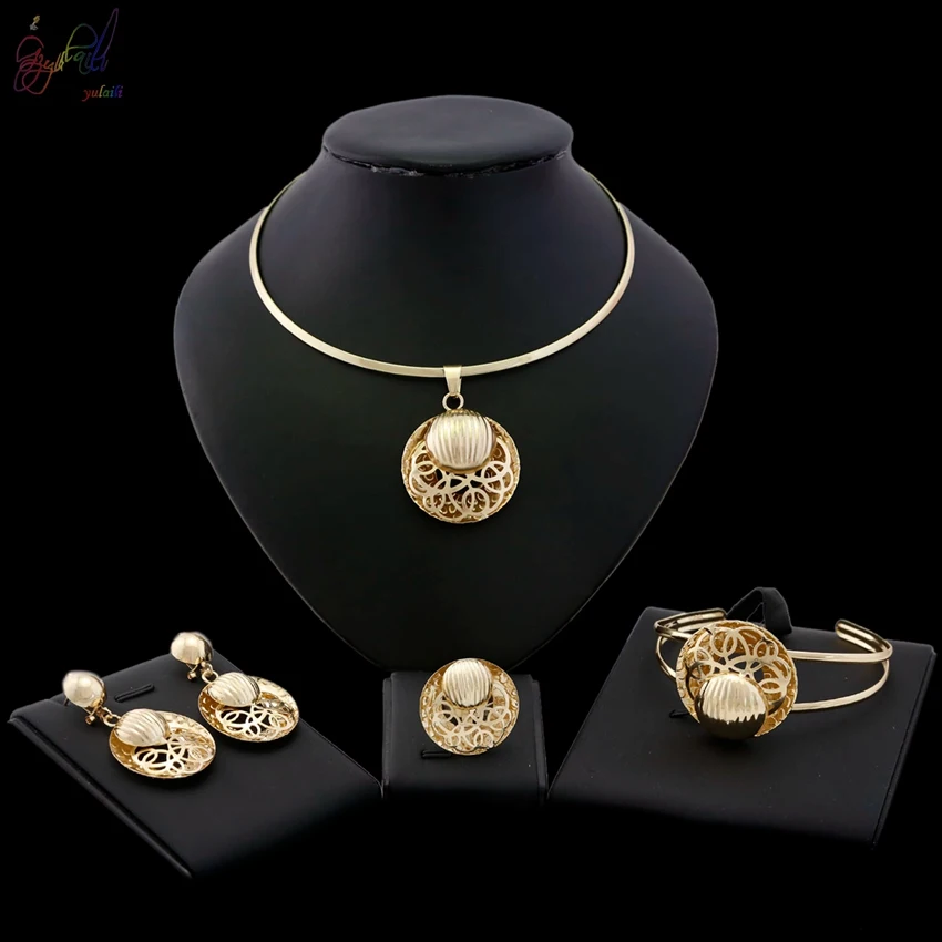 

Yulaili Hot Sell Factory Custom Engagement Costume Ethiopia Pendant Necklace Bangle Earrings Ring for Women Four Jewelry Sets