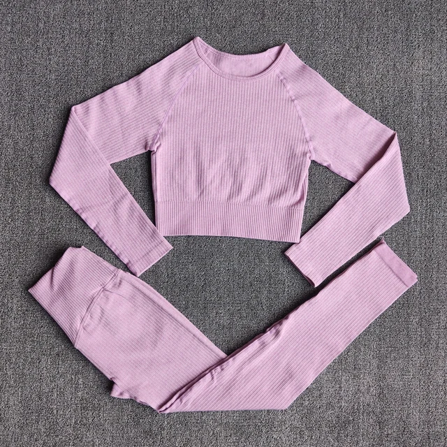 Women's Sportswear Yoga Set Workout Clothes Athletic Wear Sports Gym Legging Seamless Fitness Bra Crop Top Long Sleeve Yoga Suit ShirtsPantsPurple