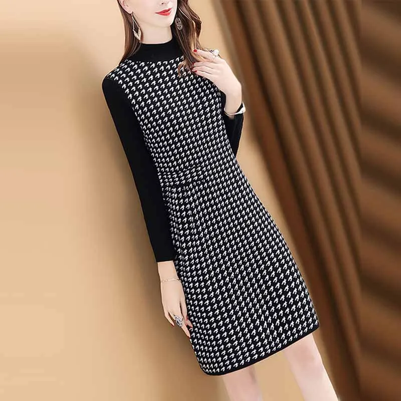 

Winter Base Dress 2018 New Style Fashion Thousands of Birds Waist Hugging Mid-length Long Sleeve Knitted Dress Children Hot Sell