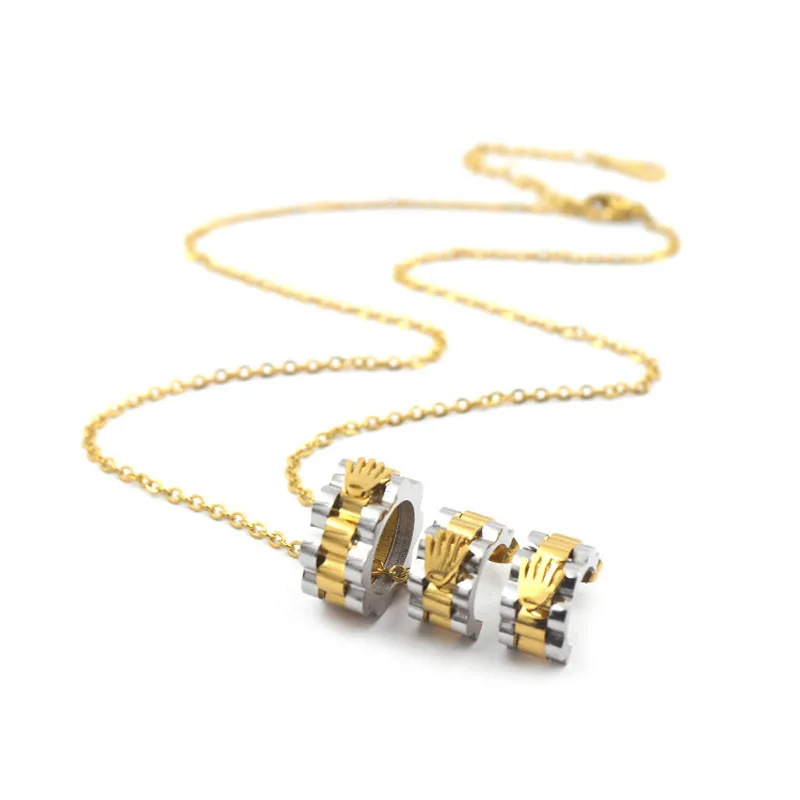 

Top Quality Stainless Steel Gold Wave Layered Palm Crown Earrings Necklace Sets For Men Women Brand Jewelry