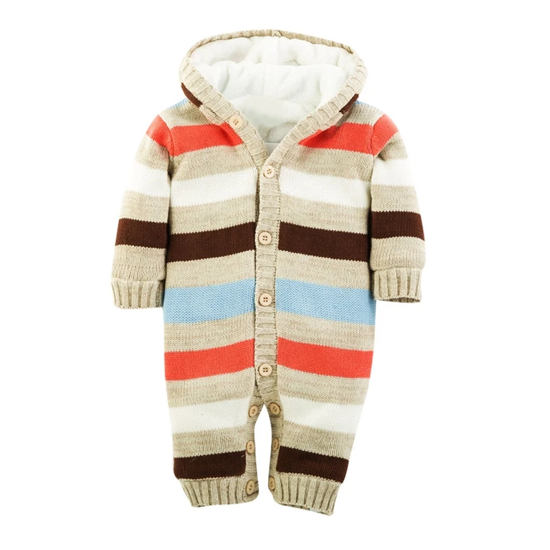 Kids Baby Boys Girls Sweater Jumpsuit Knit Crochet Hooded Coat Infant Children Winter Striped Brushed Thick Warm Outwear Clothes