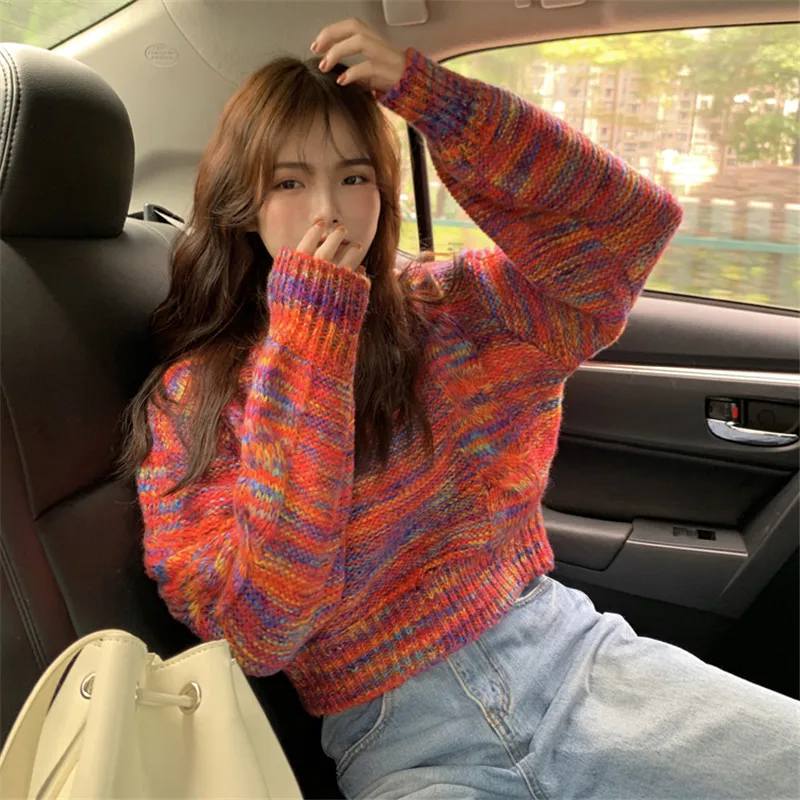 

Autumn Knitted Women Short Sweater ainbow O-Neck Long Sleeve Loose Casual Pullovers Sweet Winter Vintage Tops Clothing Female