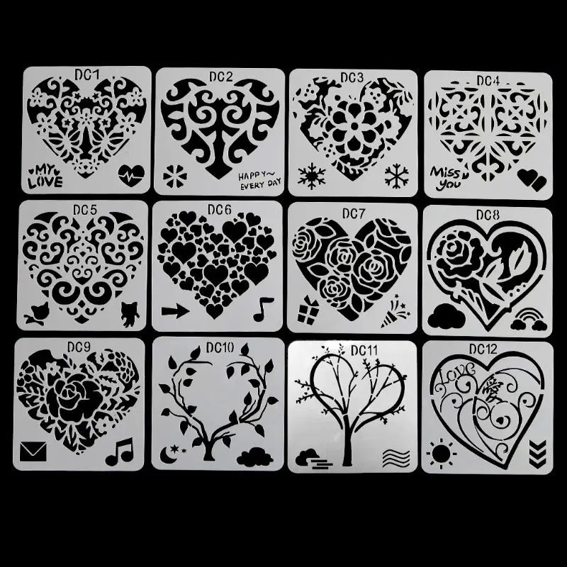 12Pcs Flower Heart Drawing Molds Plastic Children Painting Stencils DIY Paper Ar