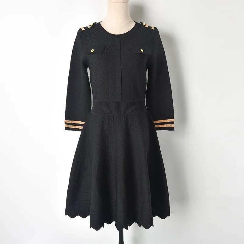 Женское черное весеннее платье-свитер элегантное ТРАПЕЦИЕВИДНОЕ женское трикотажное платье с круглым вырезом высококачественное модное роскошное Брендовое женское платье