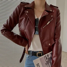 2022new New Spring Women Short Faux Soft Leather Jacket with Belt Streetwear Moto Biker Zipper Pu Leather Coat Black Outwear
