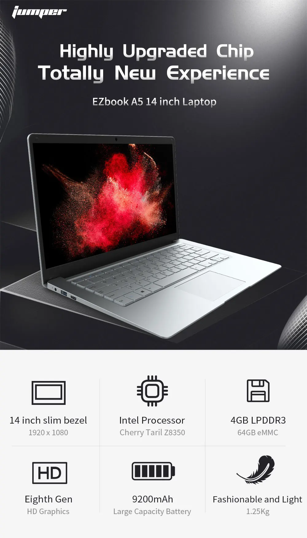 Ноутбук Jumper EZbook A5, 14 дюймов, четырехъядерный ноутбук Intel Cherry Trail Z8350, 1,44 ГГц, Windows 10, 1080 P, FHD, 4 Гб, LPDDR3, 64 ГБ, eMMC