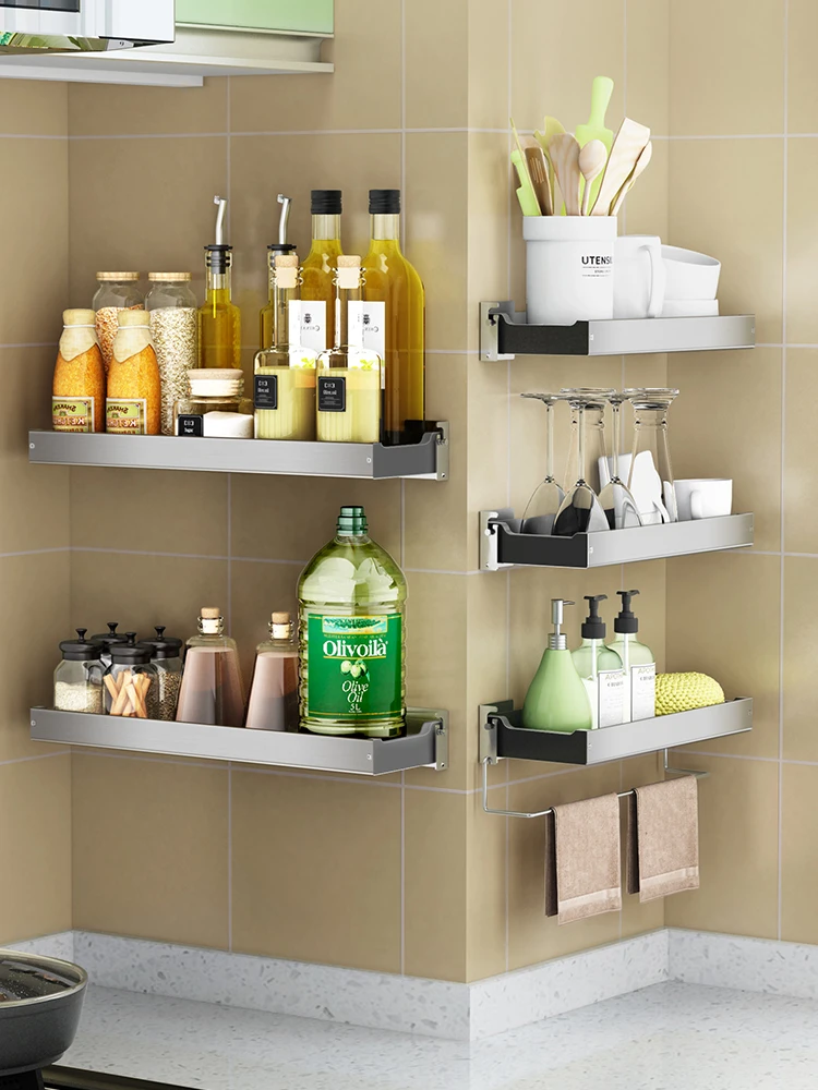 キッチンラック壁マウントコーナー調味料調味料ラックオイル塩醤油酢ステンレス鋼収納棚送料パンチ Wall Mounted Kitchen Racks Aliexpress