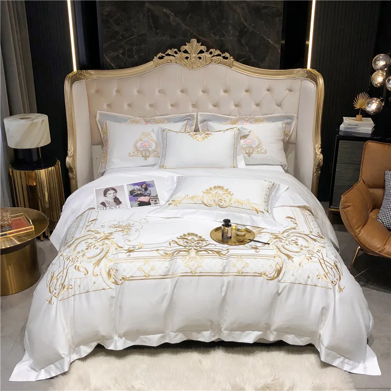 

Queen Super King size Bedding set White Egyptian Cotton Gold Embroidery Duvet cover Deep Pocket Fitted sheet Bed sheet