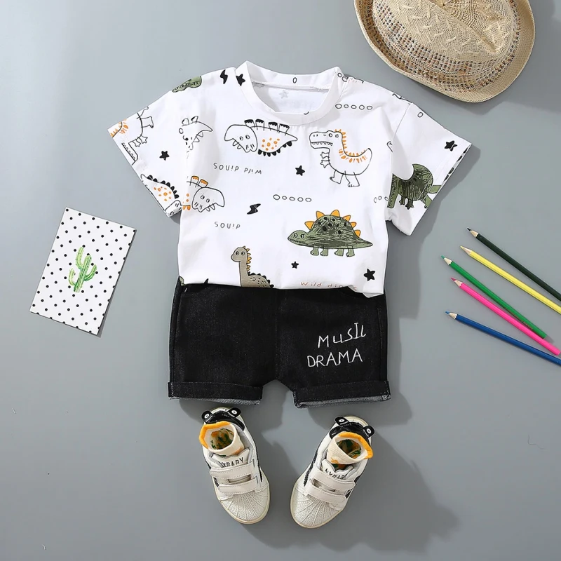 Baby Boy Clothes Summer Boys Casual Short Sleeve Dinosaur Print T-shirt Tops+Letters Shorts Costume Sets |
