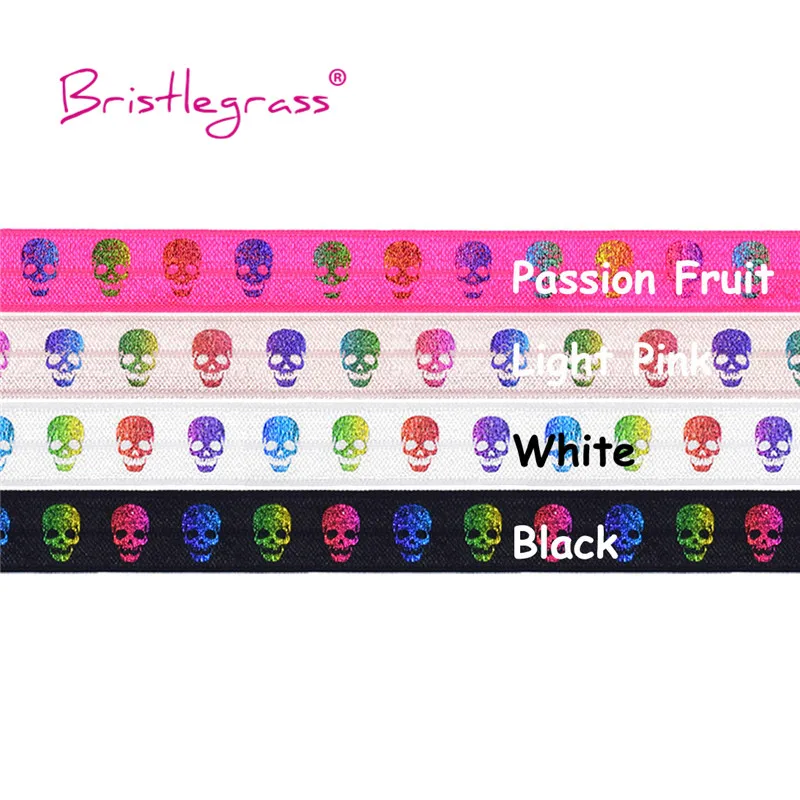 

BRISTLEGRASS Combo 4 Yard 5/8" 15mm Rainbow Skull Foil Print Fold Over Elastic FOE Spandex Satin Band Headband Tutu Dress Sewing