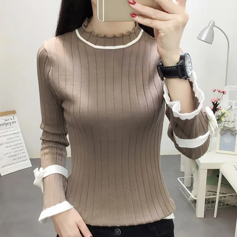 Sweater Women Long Flare Sleeve Sweaters Autumn Knitted Pullovers Tops Solid Color Female Sweaters Wooden Ear Bow Slim Sweater