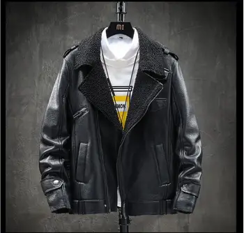 

New men's fashion fur one leather jacket men's casual imitation lambskin plus velvet lapel PU leather jacket
