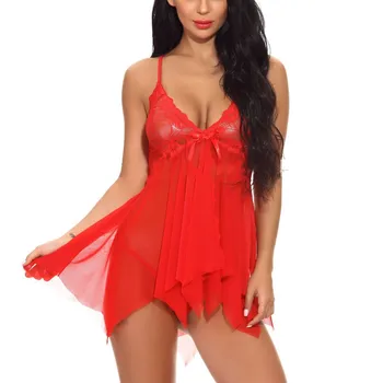 

Plus Size XL See Through Sexy Lingerie Women Lace Babydoll Nightdress Lace Sleepwear Underwear G-String Sleepwear Chemises #W