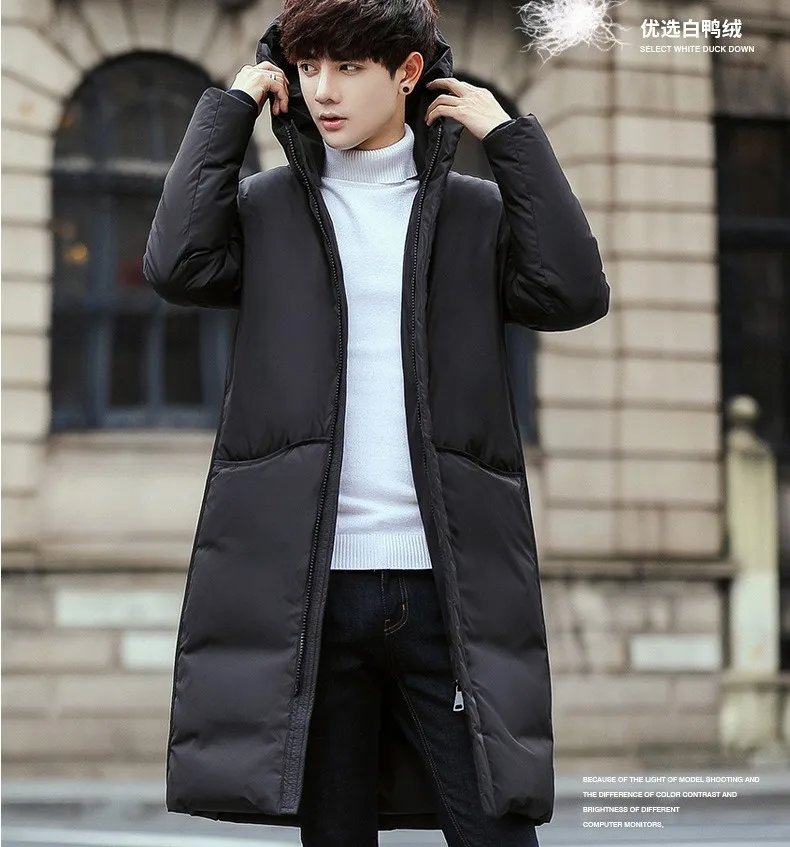 Black Gray Long Winter Down Jacket Men Thick Warm Hooded Loose Solid Outerwear Fashion Windproof Overcoat Mens Clothes YT50206