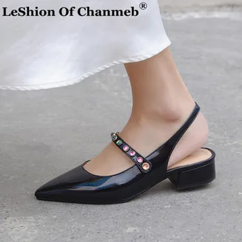 

Colorful Rhinestone Slingbacks Summer Women Shoes Patent Leather Square Heel Shoes Pointed Toe Pumps Lady Spring Shoes Size 43
