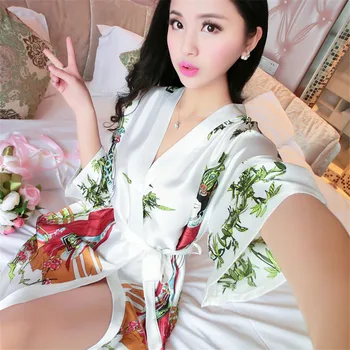 

White Print Flower Kimono Gown Lady Loose Wedding Robe Sexy Casual Lounge Nightdress V-neck Softy Sleepwear Negligee With Belt