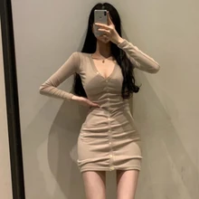 

Women's Mini Dresses Spring New Fashion Long Sleeve V Neck Slim Thin Vestidos De Mujer Casual Button Solid Sexy Roupas Femininas