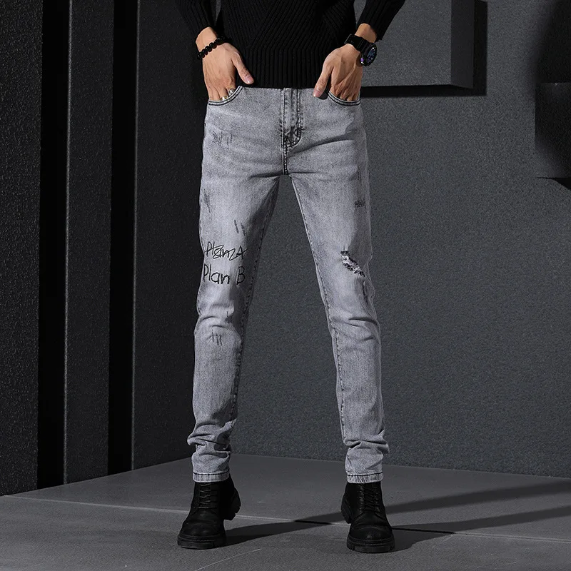 

2019 Autumn New Style Printed with Holes Jeans Korean-style Casual Versatile Cool Slim Fit Straight-Cut Cowboy Trousers Fashion