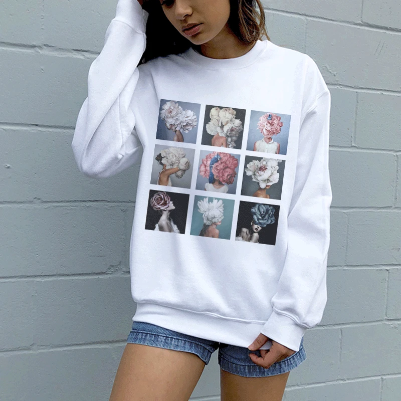 

New 2019 Hoodies Sweatshirt Autumn Winter Hoodie Long-Sleeved Fleece KPOP Vogue Harajuku Flower Feather Print Pullovers Women