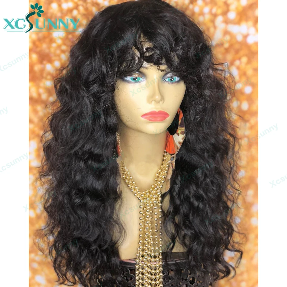 Loose Deep Wave Wig With Bangs O Scalp Top Machine Made Wigs Bangs Wig Human Brazilian Remy Hair 24