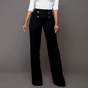 

High Waist Women Pants Fashion Silm Casual Loose Plus Size Button Wide Leg Pants Solid Long Trousers Office Lady