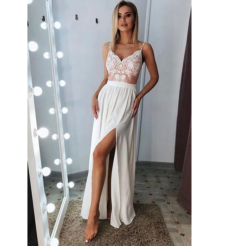 

Ivory Prom Dresses 2020 A Line Spaghetti Straps Lace Satin Party Sexy High Split Long Prom Gown Beach Evening Dress