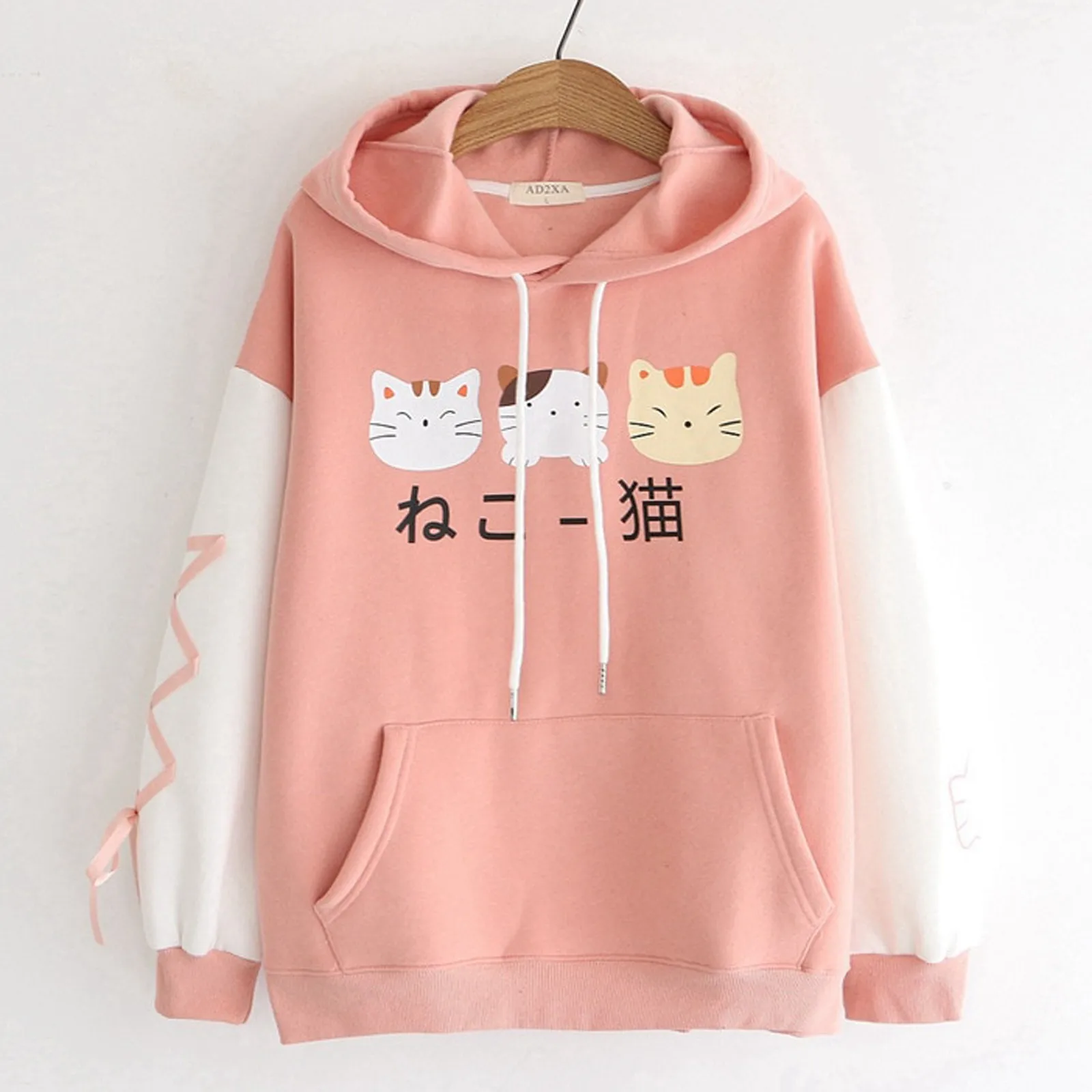 2022 Kawaii Hoodie Cat Ear Women Print Graphic Japanese Clothes Lolita Cute Cartoon Cat Ribbon Sweatshirt Teen Girl Pullover TOP sweatshirts for girls