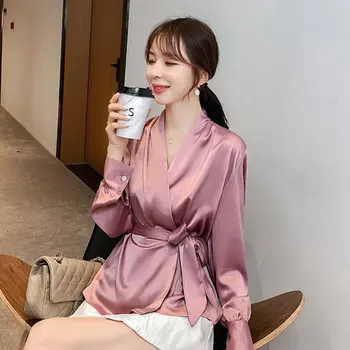 

Women Summer 2020 Sexy V Neck Pink Long Sleeves Satin Blouse Street Shirts Elegant Imitation Silk Blouse with Belt