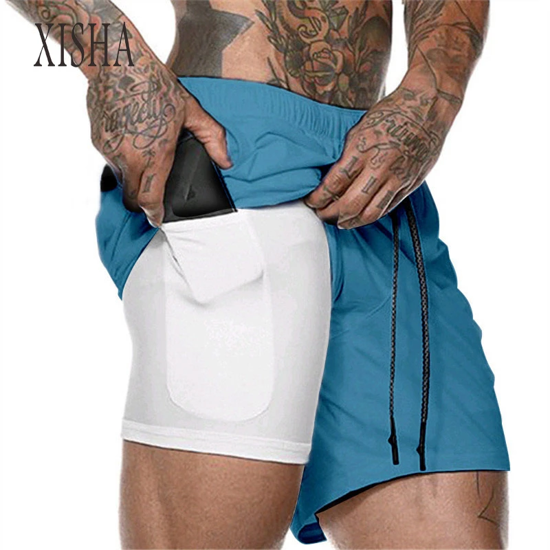 Hot 2 In 1 Running Shorts Men Doubledeck Sport Gym Shorts Fitness
