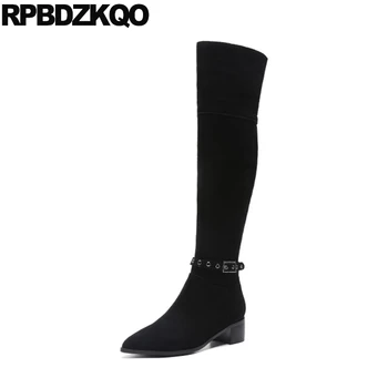 

pointed toe black 10 knee high slim big size 11 genuine leather sexy women boots winter 2019 chunky over the luxury suede shoes