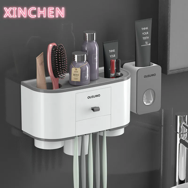 

Toothbrush Toothpaste Holder With Cup Set For Bathroom Accessories Storage Rack Wall Mounted Automatic Toothpaste Dispenser
