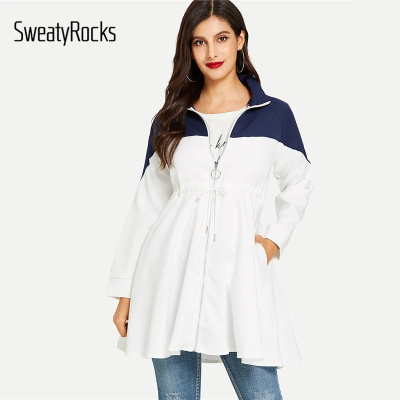

SweatyRocks Color Block Drawstring Waist Coat Women Long Zipper Outerwear 2019 Autumn Streetwear Casual Ladies Jackets