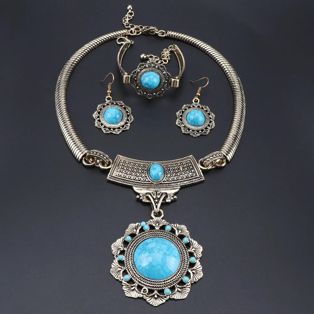 Винтажный цветок в форме Jewelry ISES ювелирный набор ожерелье серьги браслет для женщин антикварные модные золотые ювелирные изделия - Окраска металла: Blue