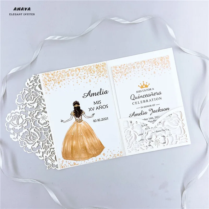 

50 шт. Quinceanera цвета слоновой кости лазерная резка Цветочные Пригласительные открытки для свадьбы/вечерние/Юбилей/день рождения Бесплатная доставка