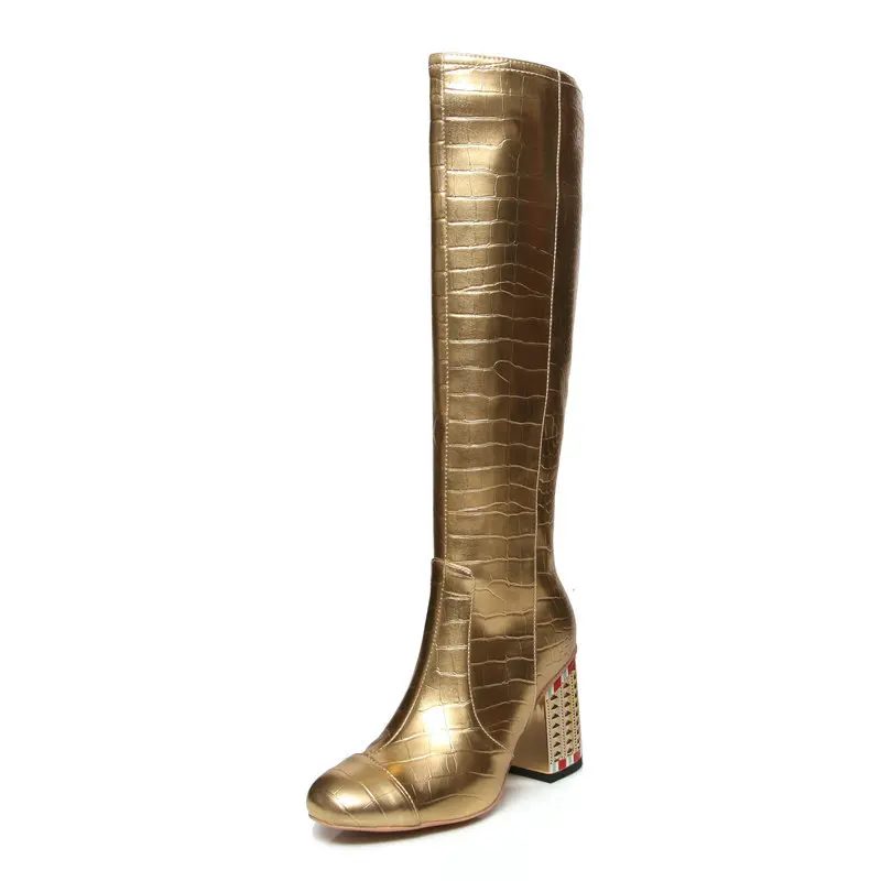 Women Boots Fashion Zipper Boots Women Square High Heel Knee High Boots Ladies Round Toe Autumn Winter Shoes Women White Gold