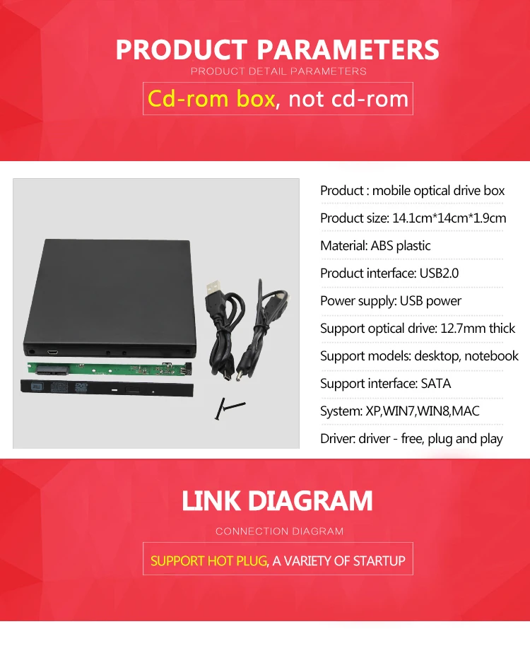 KuWFi 12,7 мм USB 2,0 SATA Внешний привод DVD CD DVD-Rom Чехол Коробка привода для ноутбука внешний портативный жесткий диск корпус